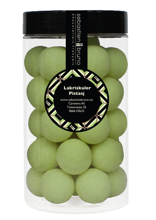 Lakriskuler med salt lakris trukket med hvit sjokolade og pistasj Stor