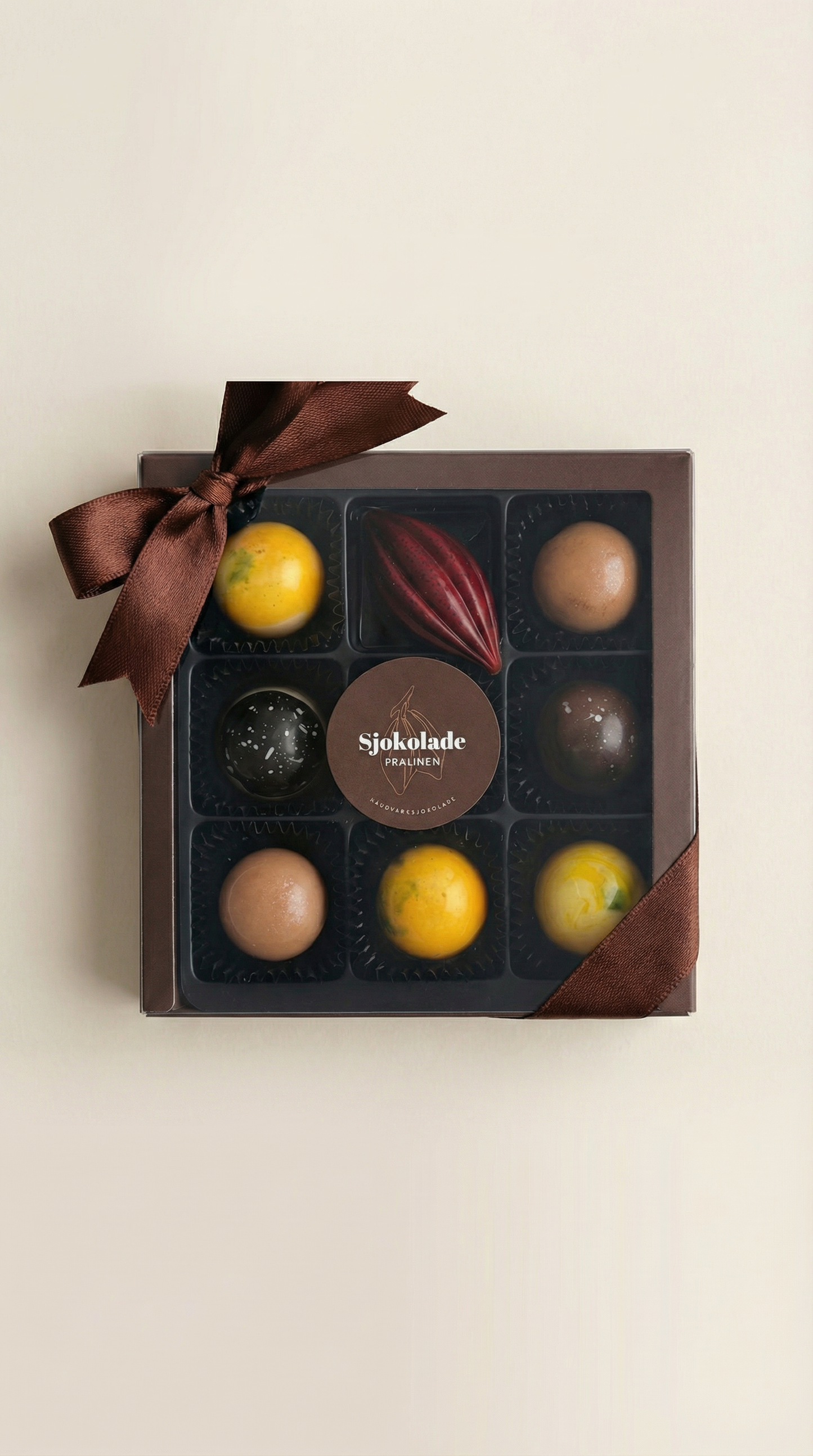 9 konfektbiter i elegant eske fra Sjokolade Pralinen.