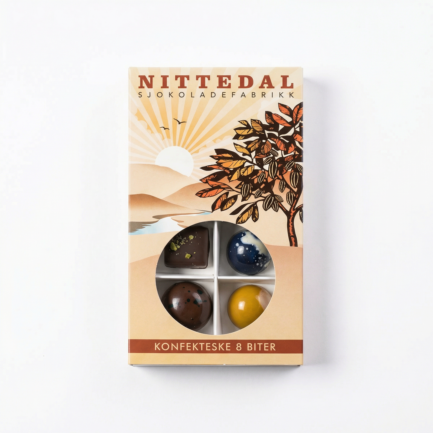 8 konfektbiter i en kjempestor «fyrstikkeske» -Nittedal sjokoladefabrikk
